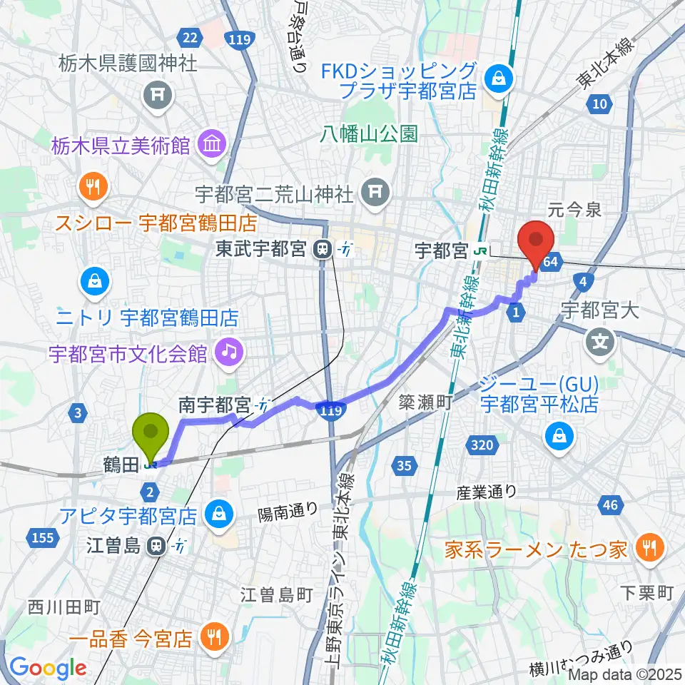 鶴田駅からアコースティックスタジオへのルートマップ地図