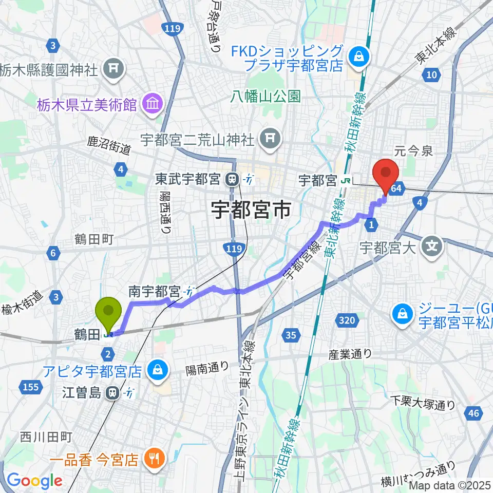 鶴田駅からアコースティックスタジオへのルートマップ地図