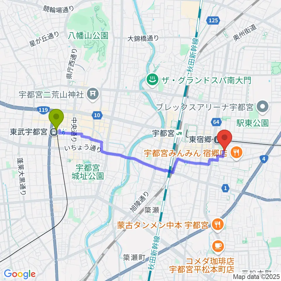 東武宇都宮駅からアコースティックスタジオへのルートマップ地図