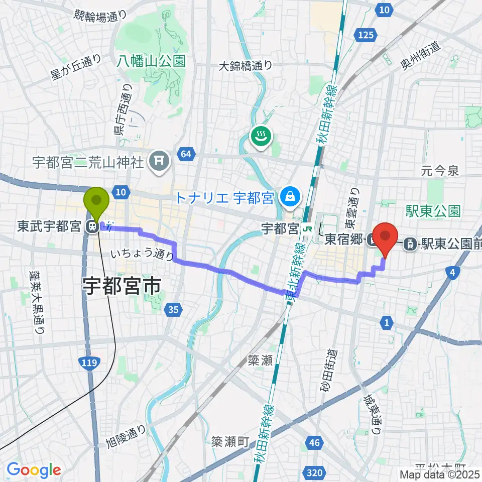 東武宇都宮駅からアコースティックスタジオへのルートマップ地図