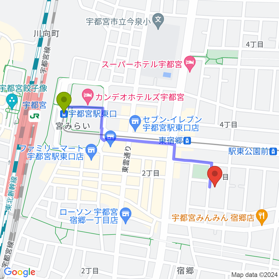 宇都宮駅東口駅からアコースティックスタジオへのルートマップ地図