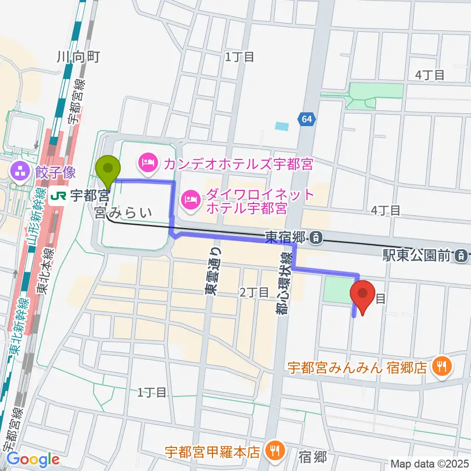 宇都宮駅東口駅からアコースティックスタジオへのルートマップ地図
