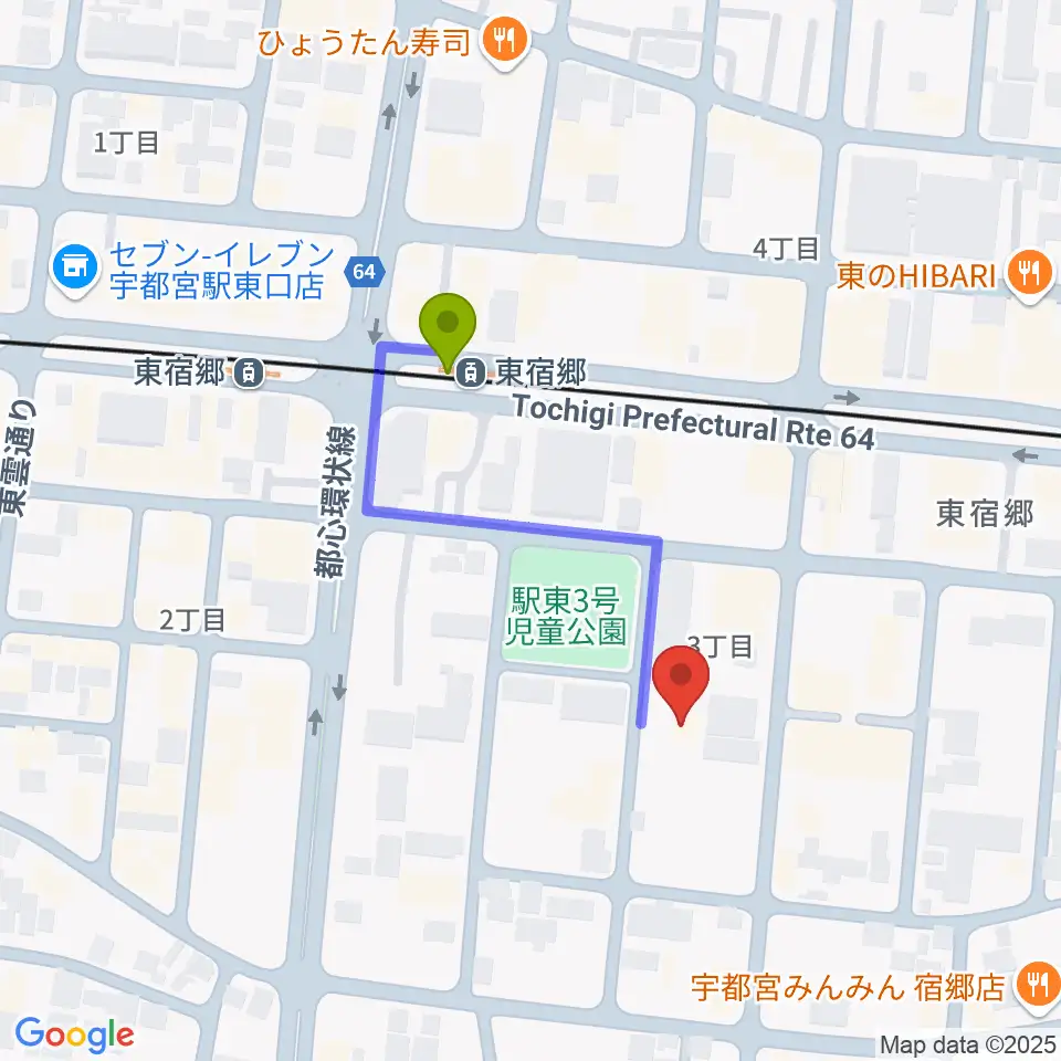 アコースティックスタジオの最寄駅東宿郷駅からの徒歩ルート（約3分）地図