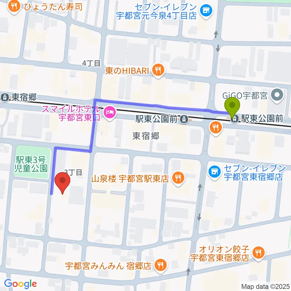 駅東公園前駅からアコースティックスタジオへのルートマップ地図