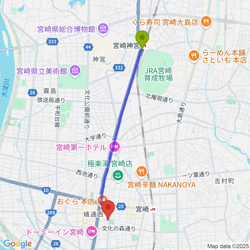 宮崎神宮駅からドラゴンヘッド音楽スタジオへのルートマップ地図
