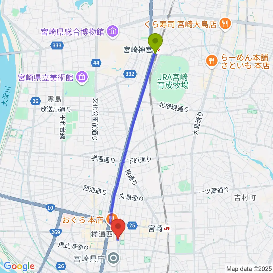 宮崎神宮駅からドラゴンヘッド音楽スタジオへのルートマップ地図
