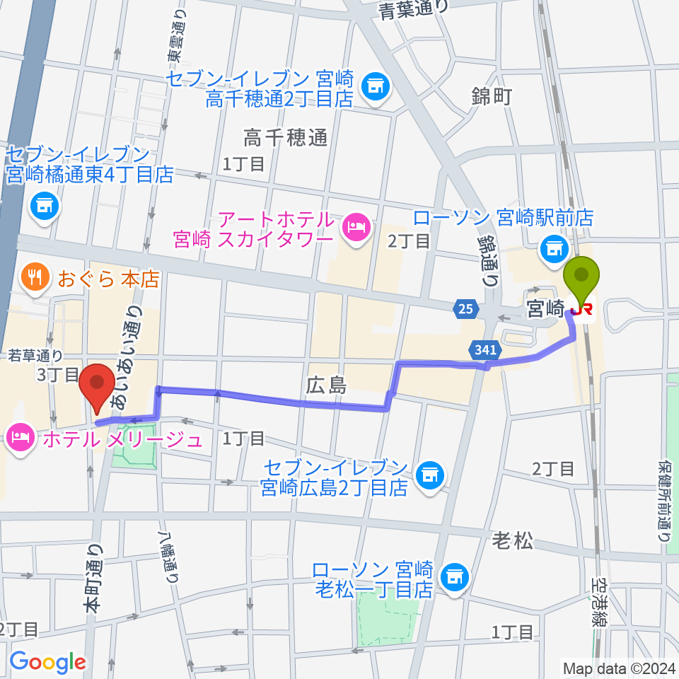 ドラゴンヘッド音楽スタジオの最寄駅宮崎駅からの徒歩ルート（約12分）地図