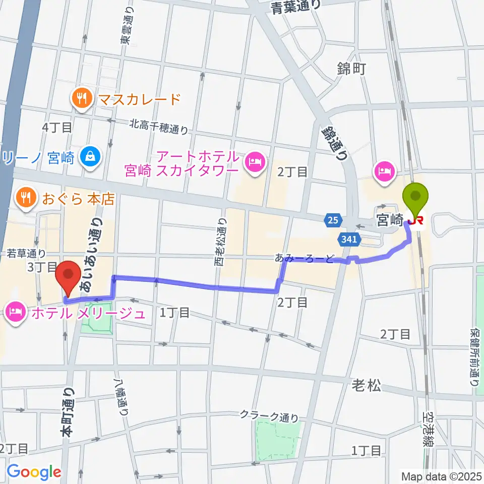 ドラゴンヘッド音楽スタジオの最寄駅宮崎駅からの徒歩ルート（約12分）地図