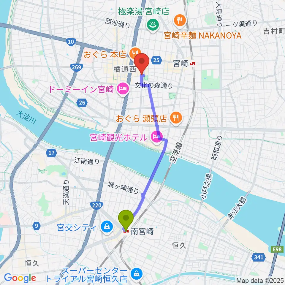 南宮崎駅からドラゴンヘッド音楽スタジオへのルートマップ地図