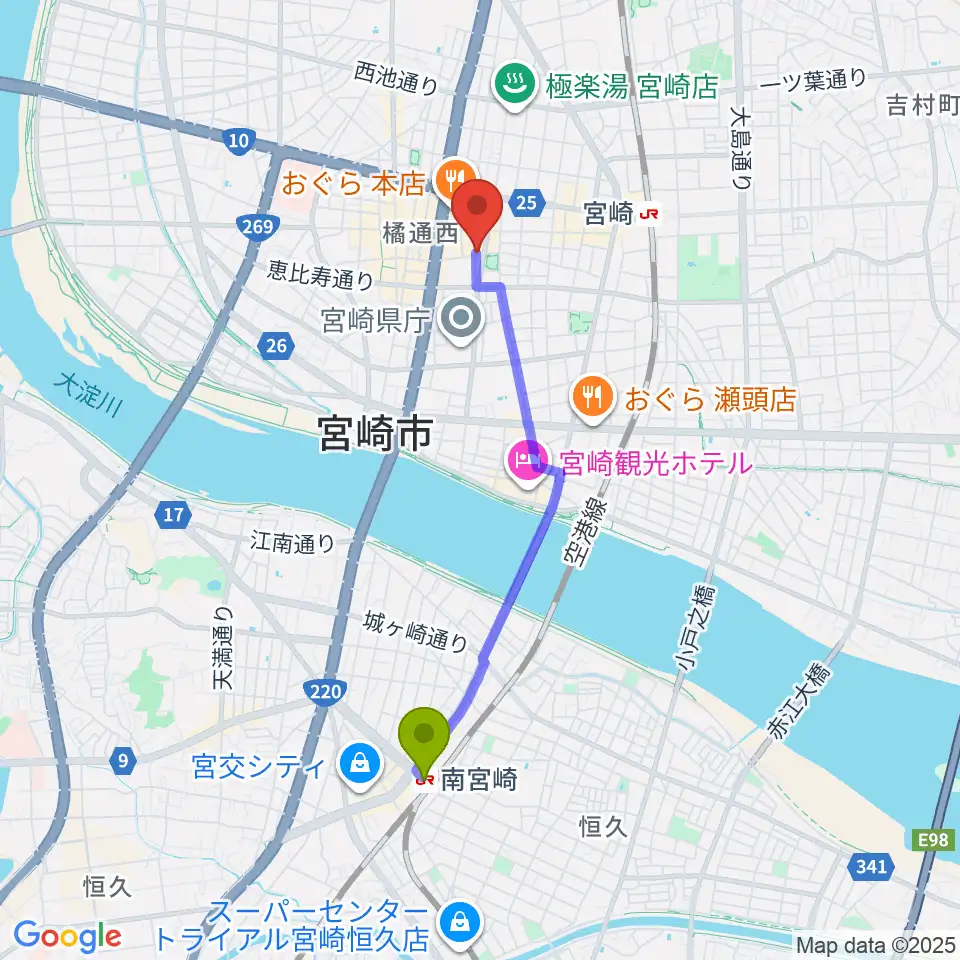 南宮崎駅からドラゴンヘッド音楽スタジオへのルートマップ地図