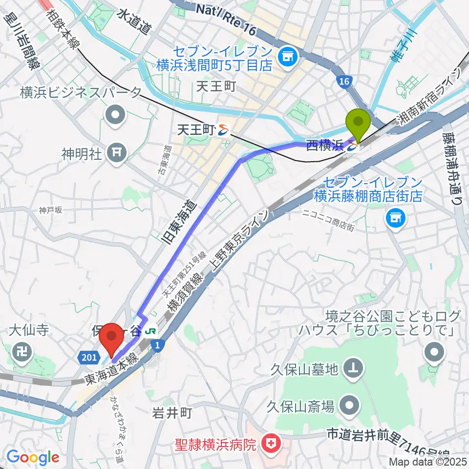 西横浜駅から泉ギター教室へのルートマップ地図
