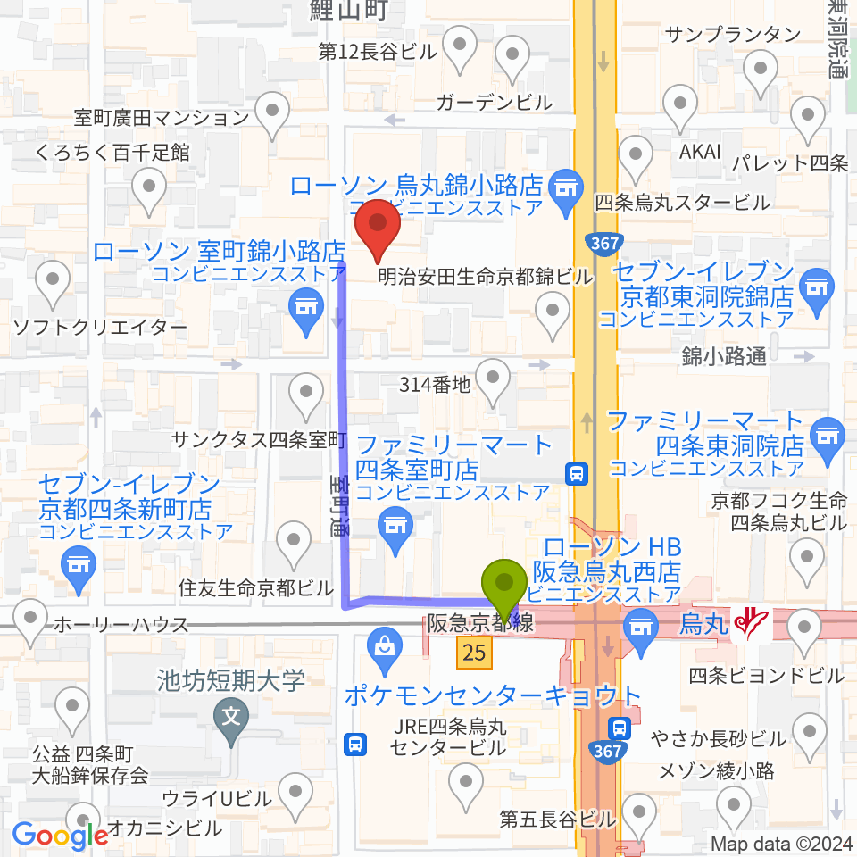 京都芸術センターの最寄駅烏丸駅からの徒歩ルート（約3分）地図