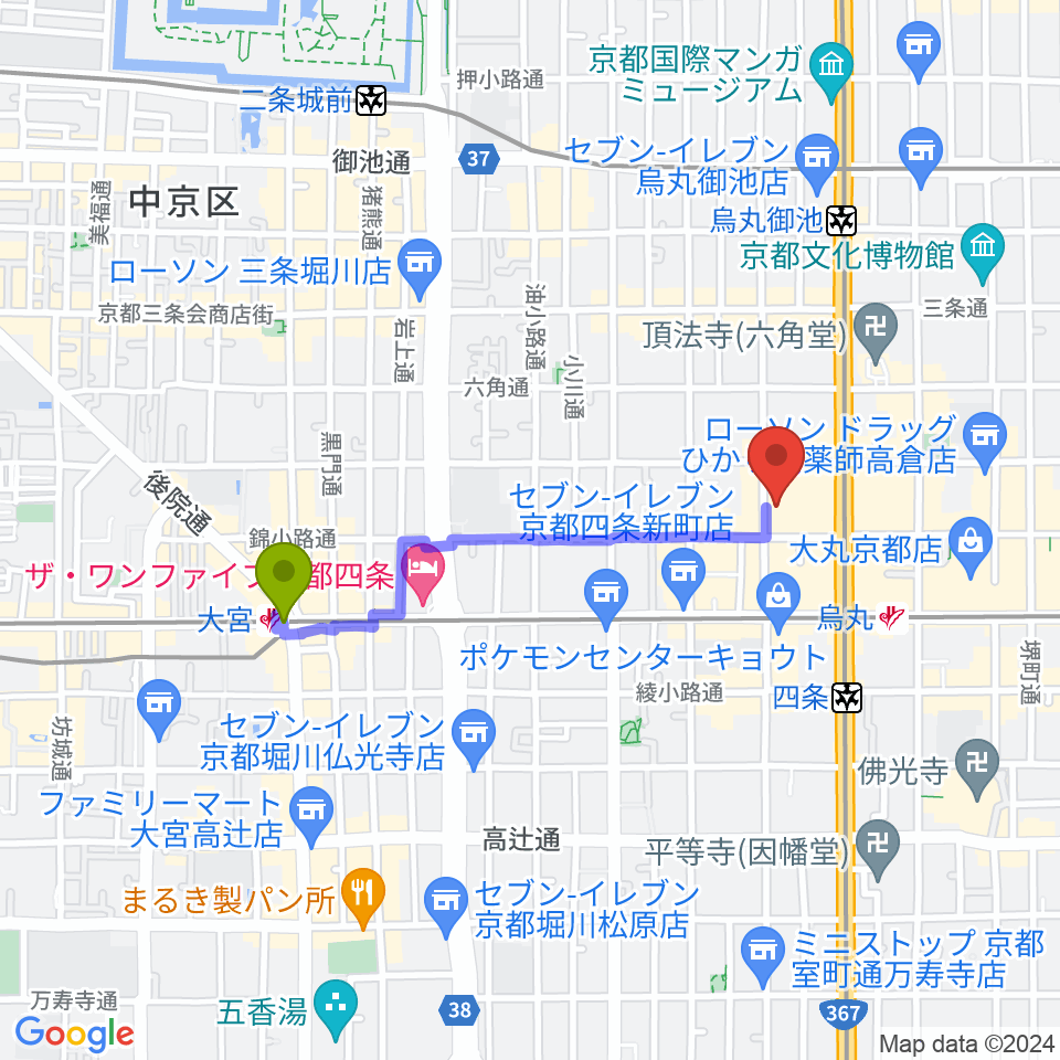大宮駅から京都芸術センターへのルートマップ地図