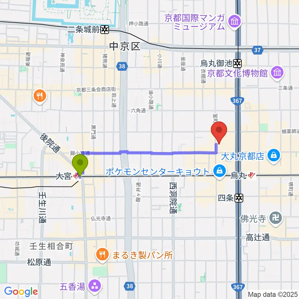 大宮駅から京都芸術センターへのルートマップ地図
