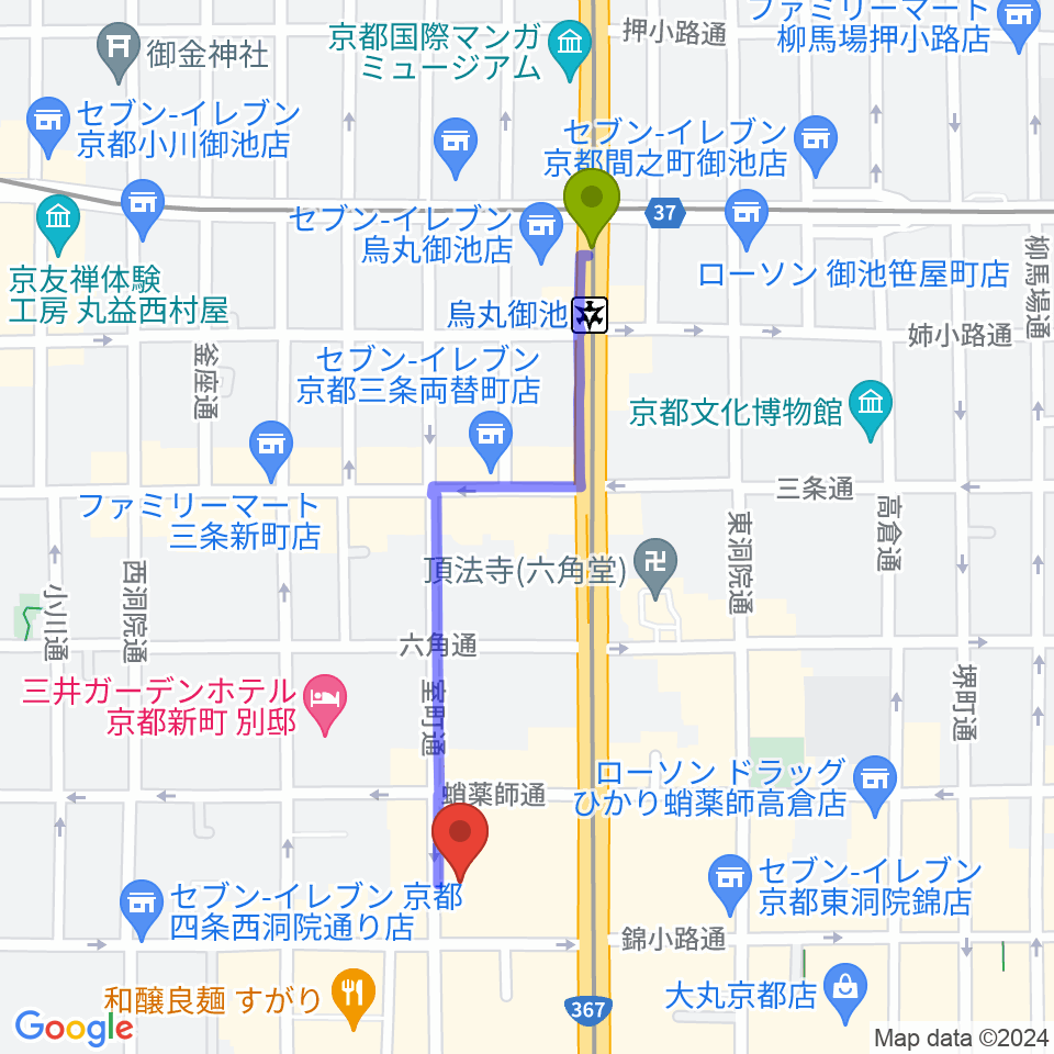 烏丸御池駅から京都芸術センターへのルートマップ地図