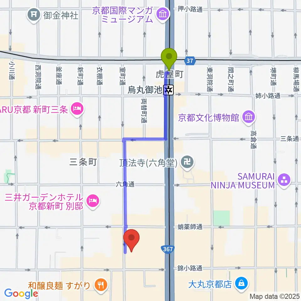 烏丸御池駅から京都芸術センターへのルートマップ地図