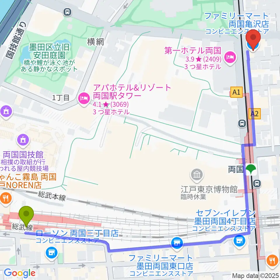 る・みゅう音楽教室の最寄駅両国駅からの徒歩ルート（約8分）地図