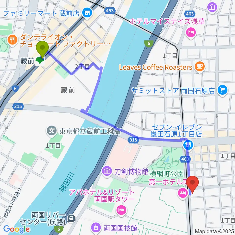 蔵前駅からる・みゅう音楽教室へのルートマップ地図