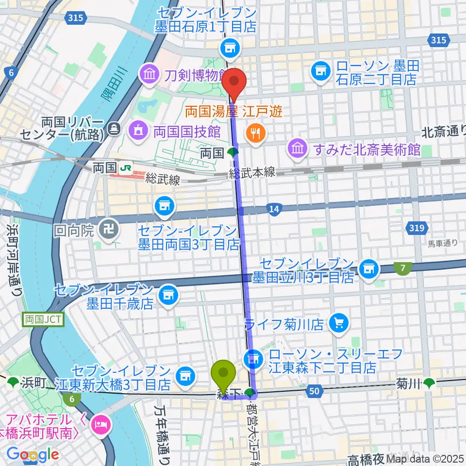 森下駅からる・みゅう音楽教室へのルートマップ地図