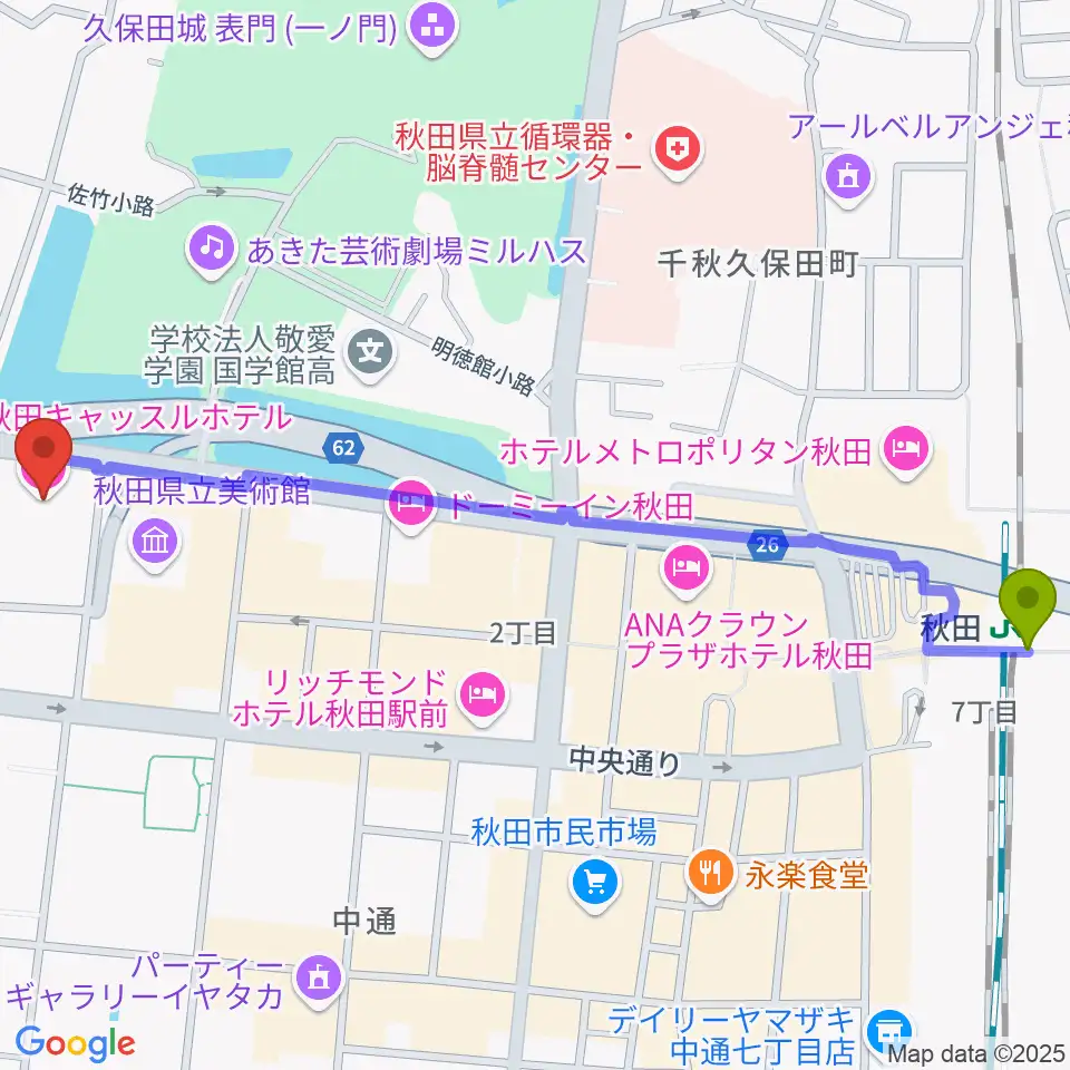 秋田カルチャースクールの最寄駅秋田駅からの徒歩ルート（約14分）地図