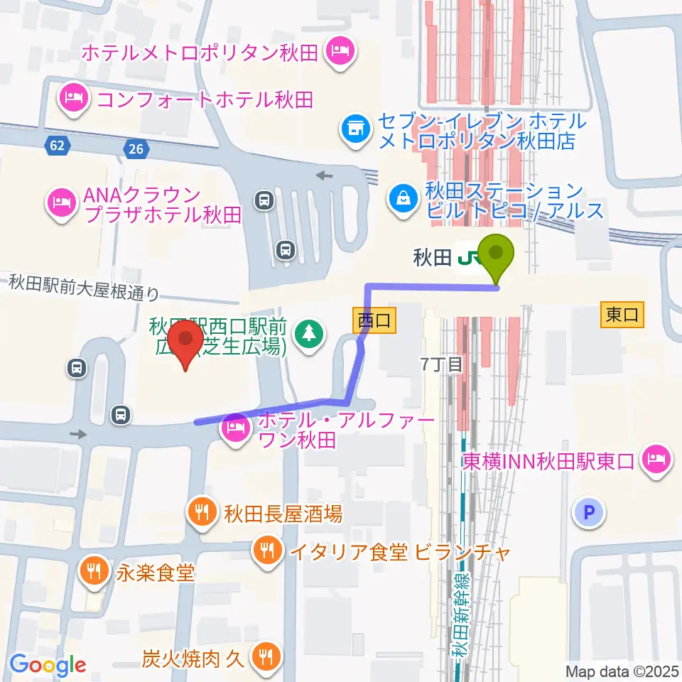秋田カルチャースクールの最寄駅秋田駅からの徒歩ルート（約3分）地図