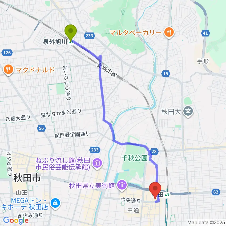 泉外旭川駅から秋田カルチャースクールへのルートマップ地図