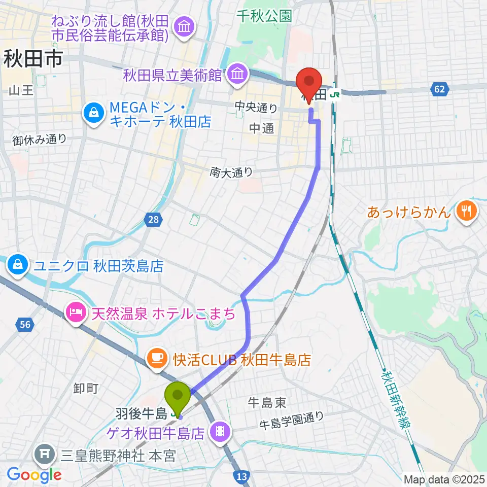 羽後牛島駅から秋田カルチャースクールへのルートマップ地図