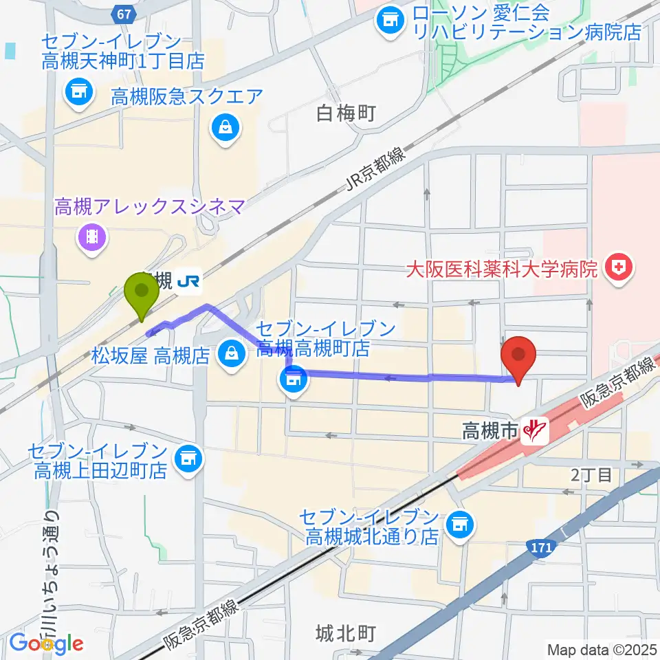 高槻駅から高槻ナッシュビルウエストへのルートマップ地図