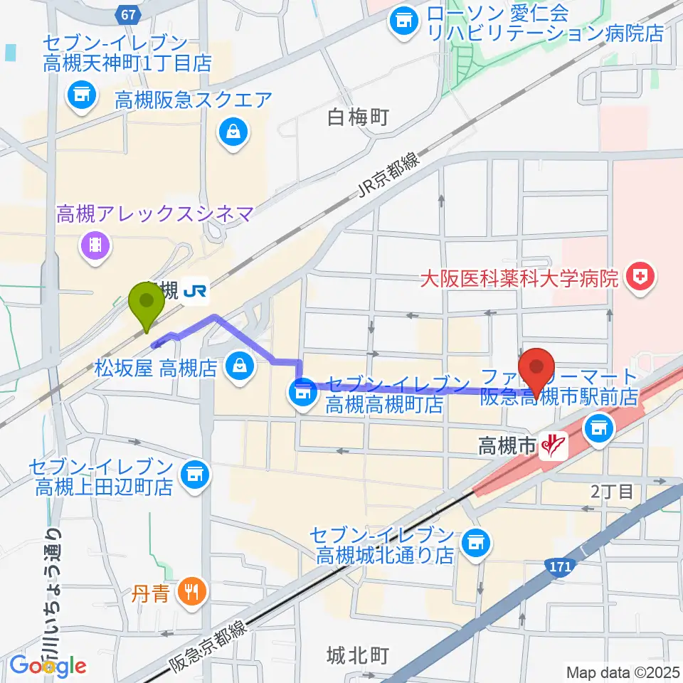 高槻駅から高槻ナッシュビルウエストへのルートマップ地図