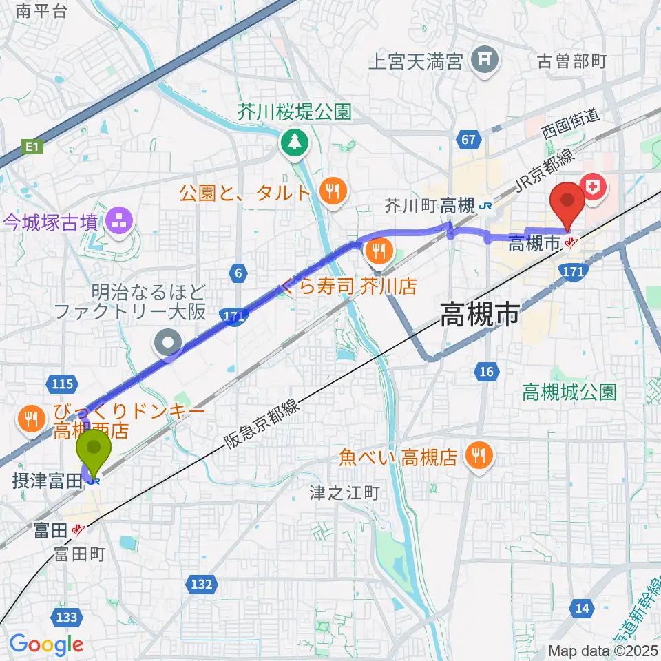 摂津富田駅から高槻ナッシュビルウエストへのルートマップ地図