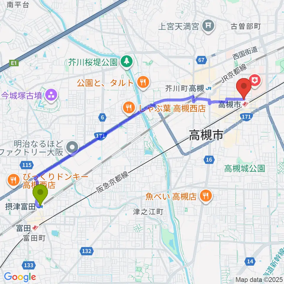 摂津富田駅から高槻ナッシュビルウエストへのルートマップ地図