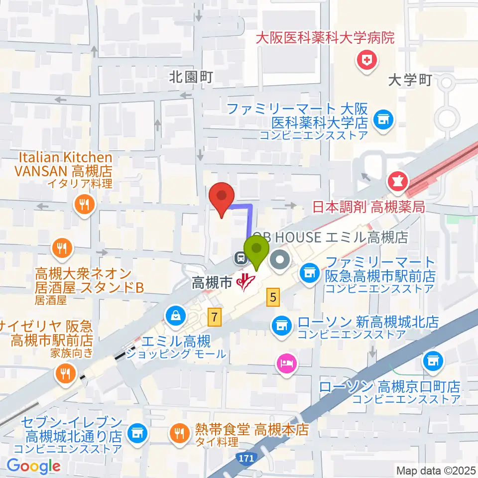 高槻ナッシュビルウエストの最寄駅高槻市駅からの徒歩ルート（約1分）地図