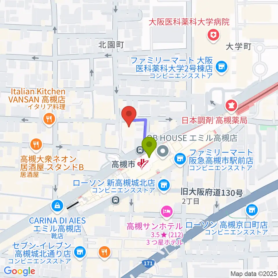 高槻ナッシュビルウエストの最寄駅高槻市駅からの徒歩ルート（約1分）地図