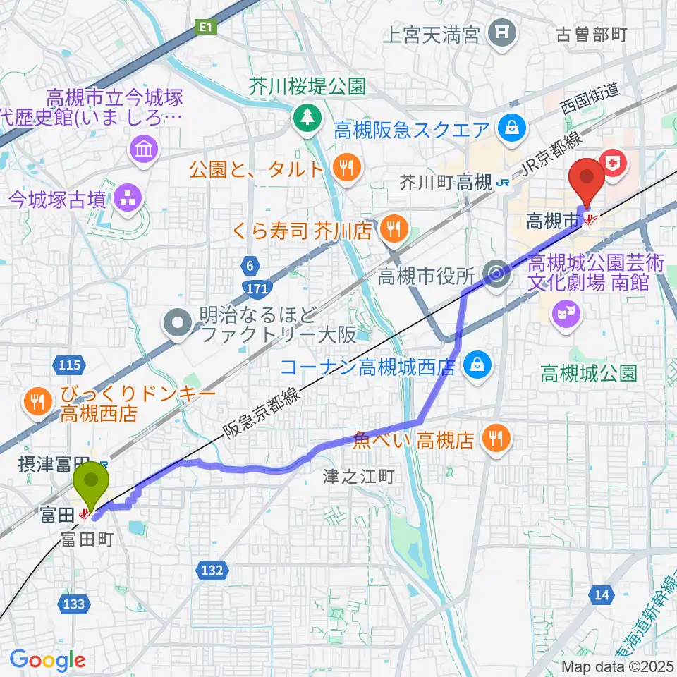 富田駅から高槻ナッシュビルウエストへのルートマップ地図