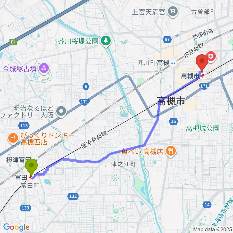 富田駅から高槻ナッシュビルウエストへのルートマップ地図