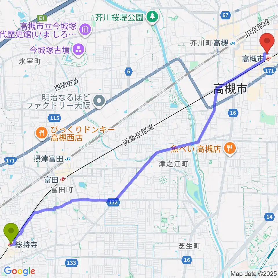 総持寺駅から高槻ナッシュビルウエストへのルートマップ地図