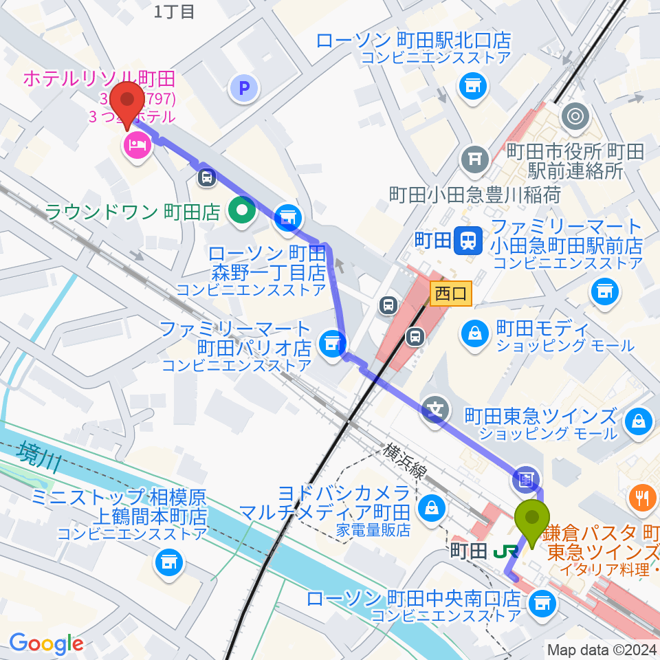 弦楽器工房シゲッティの最寄駅町田駅からの徒歩ルート（約7分）地図