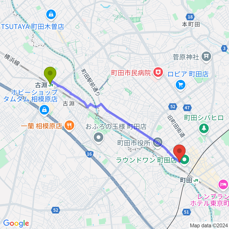 古淵駅から弦楽器工房シゲッティへのルートマップ地図