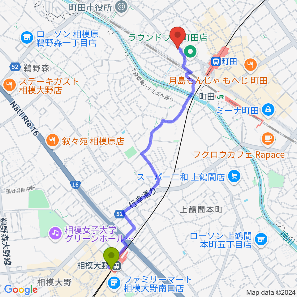 相模大野駅から弦楽器工房シゲッティへのルートマップ地図