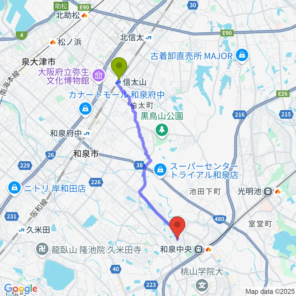 信太山駅から阿部浩二ギター・ウクレレ教室へのルートマップ地図