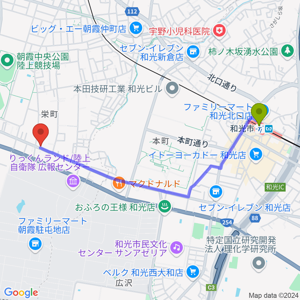 和光市駅からジャズ喫茶 海へのルートマップ地図