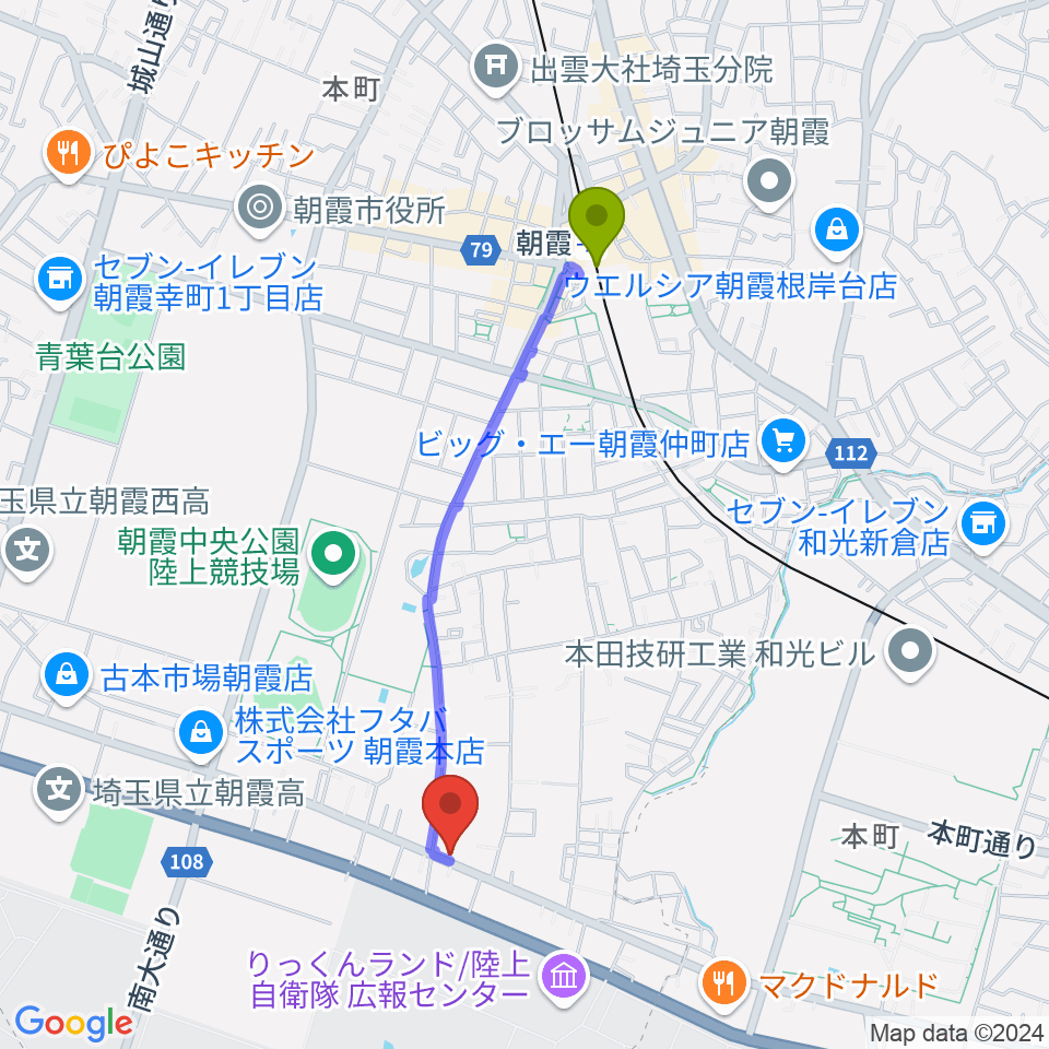 ジャズ喫茶 海の最寄駅朝霞駅からの徒歩ルート（約18分）地図