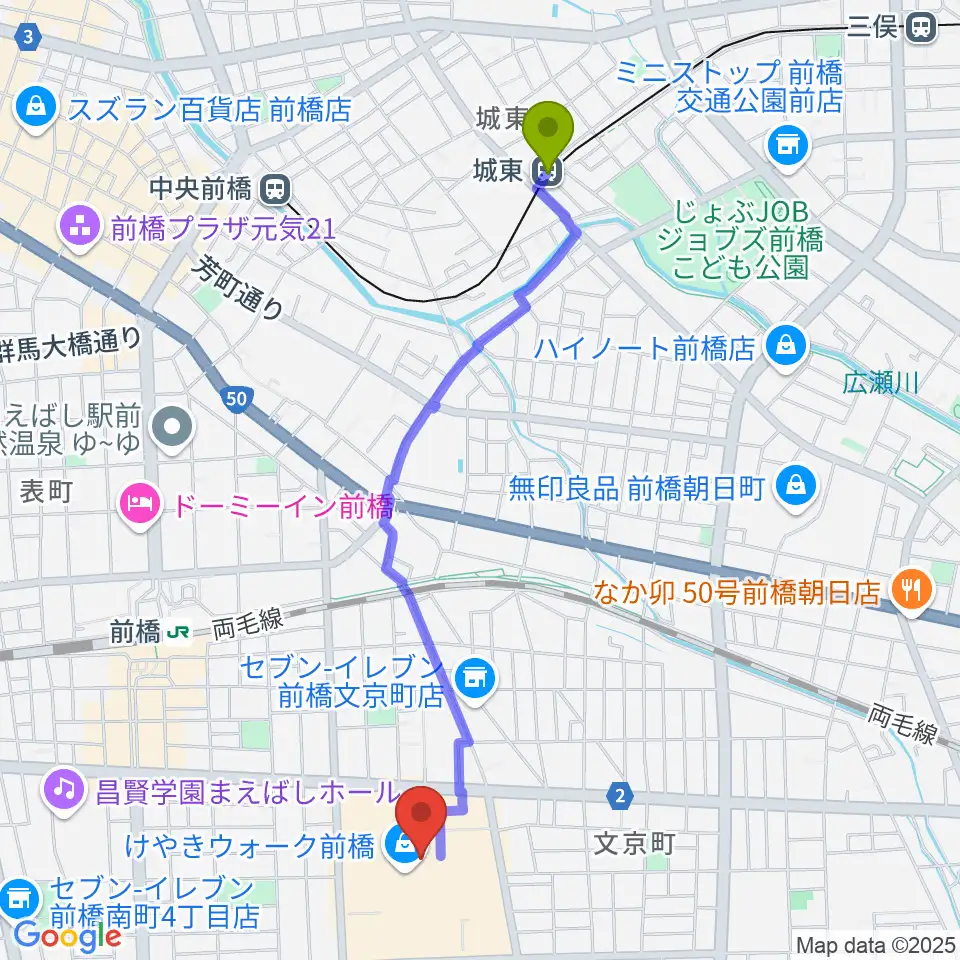 城東駅から前橋カルチャーセンターへのルートマップ地図