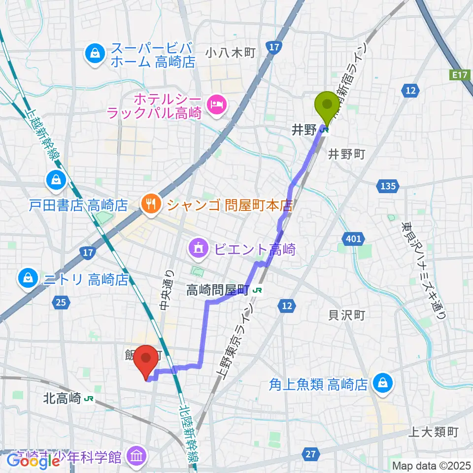 井野駅から高崎カルチャーセンターへのルートマップ地図