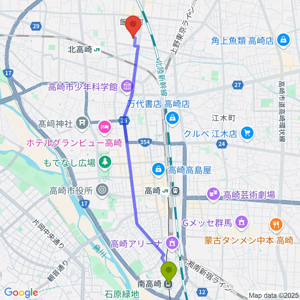 南高崎駅から高崎カルチャーセンターへのルートマップ地図