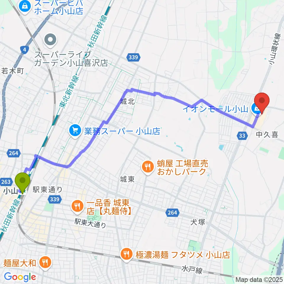 小山駅から小山カルチャーセンターへのルートマップ地図