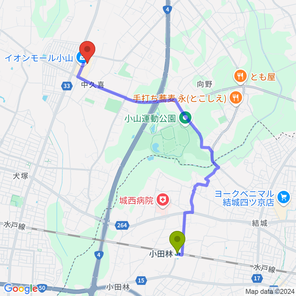 小山カルチャーセンターの最寄駅小田林駅からの徒歩ルート（約44分）地図