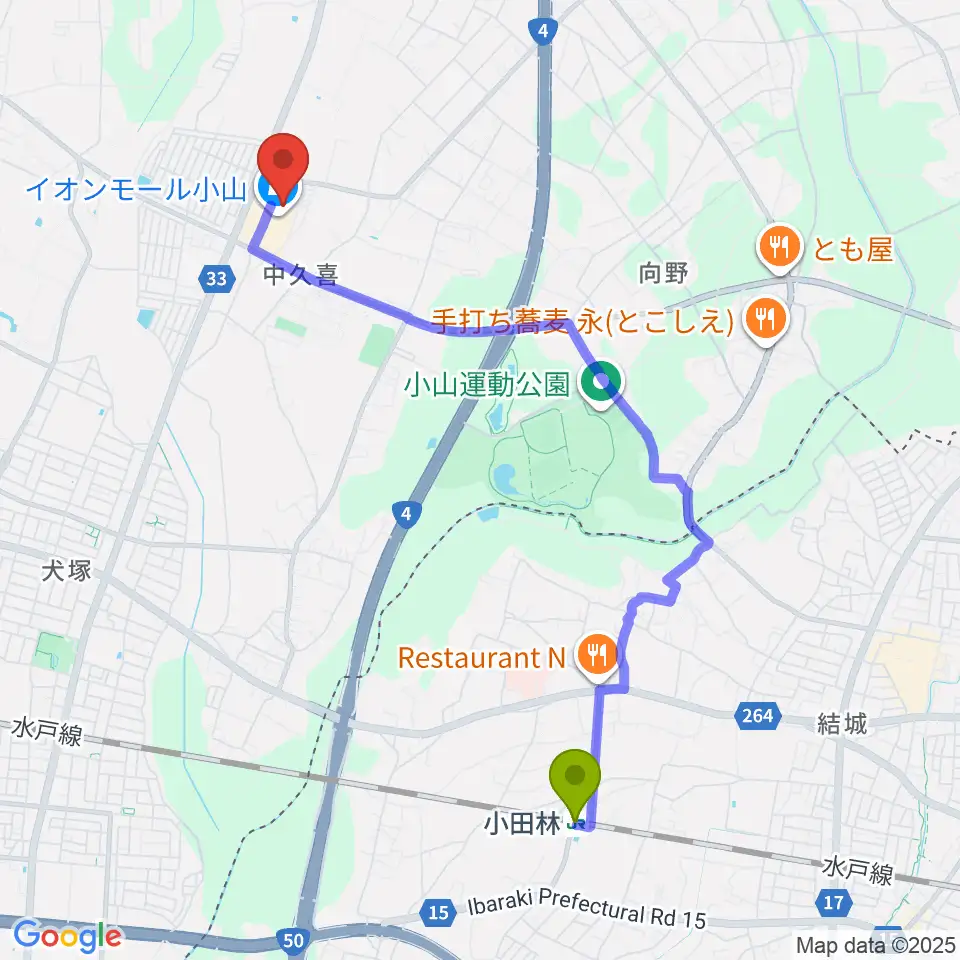 小山カルチャーセンターの最寄駅小田林駅からの徒歩ルート（約44分）地図