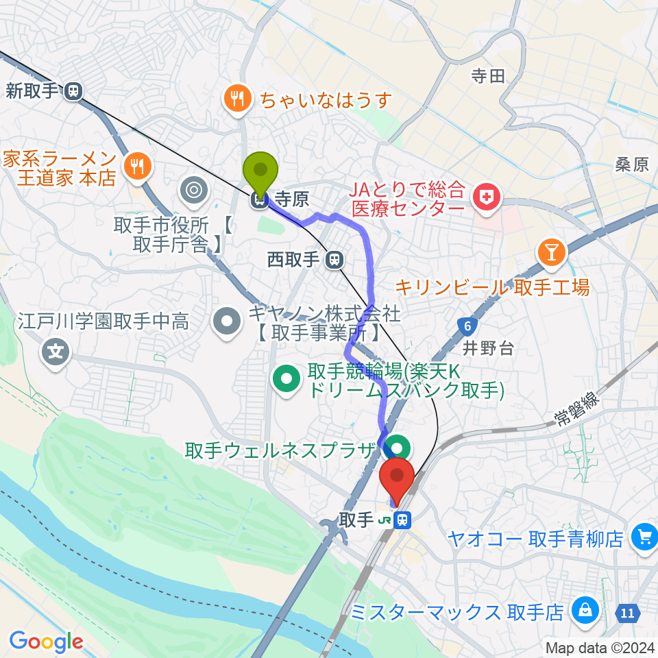 寺原駅から取手カルチャーセンターへのルートマップ地図