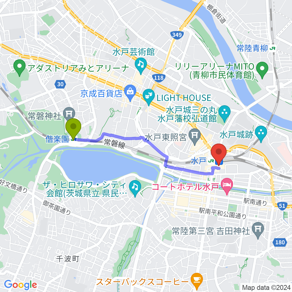 偕楽園駅からエクセルカルチャーセンターへのルートマップ地図